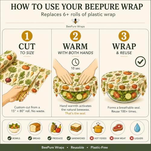 Reusable Beeswax Food Wrap Roll - Cut-to-Size 15 x 80 in, Eco-Friendly Food Storage Wrap, Bees & Veggies Garden Vegetable Design - Image 3