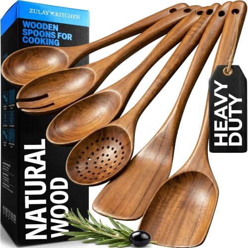 Zulay Kitchen 6 Piece Wooden Spoons for Cooking – Natural Teak Wooden Utensil Set, Easy to Clean, Durable, Smooth with Comfort Grip - Non Toxic Wooden Cooking Utensil Sets by ZulayKitchen