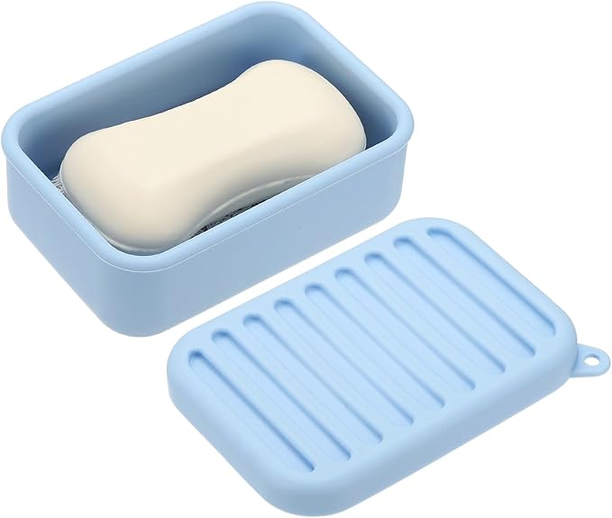 uxcell Shampoo Bar Travel Case, Silicone Leak Proof Soap Bar Case with Draining Layer Soap Container for Traveling, Bathroom, Gym, Camping(4"x2.76"x1.3", Light Blue)