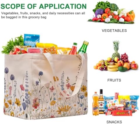 Aesthetic Canvas Reusable Grocery Bags Heavy Duty, 8.3 gal Foldable Large Tote Bag with Handles, Holds 60 lbs & Washable Eco-friendly Bags with 5 Pockets, Beige with a print 3 Bags（Wildflowers） - Image 5
