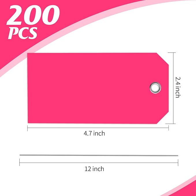 200 PCS 4 3/4" x 2 3/8" Neon Color Shipping Tags with Wire Paper Heavy Duty Hang Tags with Reinforcement Holes Writable Luggage Tag with String Durable Marking Tags (Neon Pink, 4 3/4" x 2 3/8")