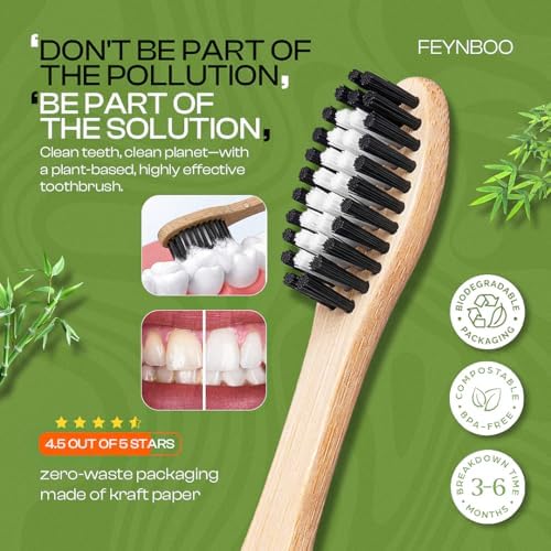 Bamboo Toothbrushes Medium Bristles 6 Pack - BPA Free Bristles Toothbrushes for Adults - Eco-Friendly, Natural Wooden Toothbrush (Light Brown, White, Black) - Image 5