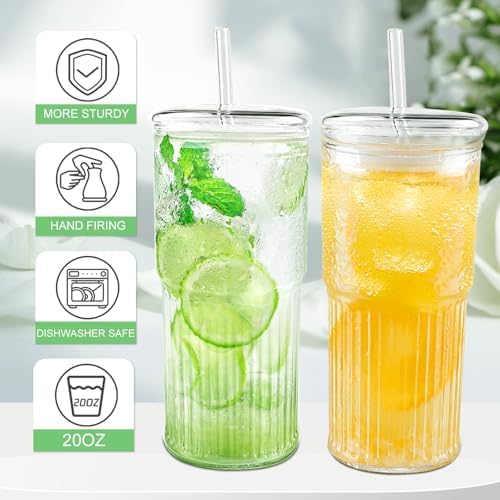Luiaiog Glass Cups with Lids and Glass Straws,Mason Jar Cups High Borosilicate 20OZ Tumblers (2Pcs) for Coffee, Tea, Juice, Smoothies, Hot/Cold Drinks at Home, Office - Image 2
