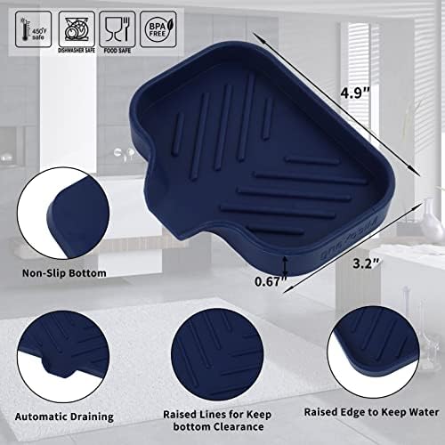 MicoYang Silicone Soap Dish with Drain Spout, Self-Draining Sink Organizer Tray for Bathroom and Kitchen, Sponges, Dispensers & Soap Holder, Non-Slip & Dishwasher Safe, Navy Blue (Compact, 4.9"×3.2") - Image 2