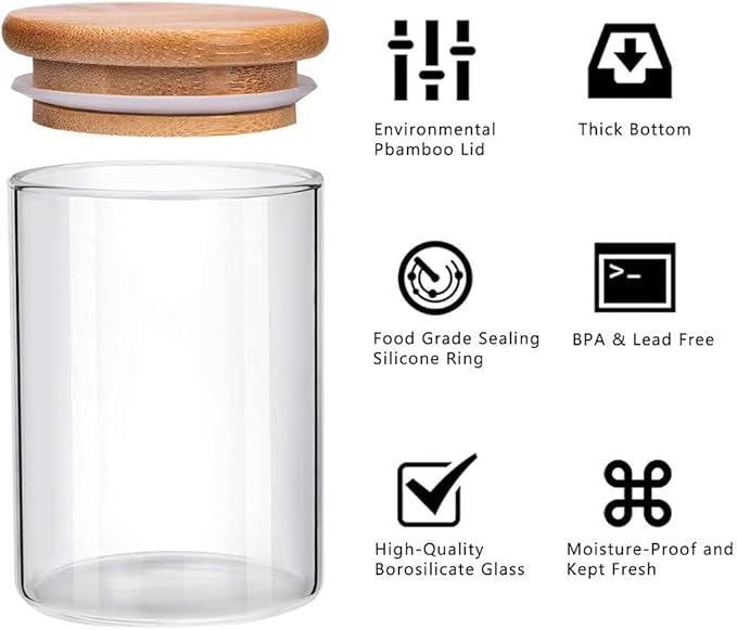 Glass Jars with Bamboo Wooden Airtight Lids 6oz 10oz Spice Jars Food Storage Containers for Home Kitchen, Tea, Salt, Pepper, Spices, Coffee, Herbs, Grains (6 OZ, 6 PCS)