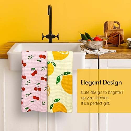 Eulnars Kitchen Towels, 18" x 30" Dish Towels, Microfiber Tea Towels for Kitchen Drying, Superior Absorbency, Lemon Cherry Series, 2-Pack - Image 5