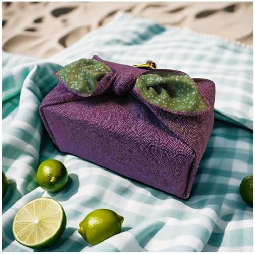 Furoshiki Japanese Wrapping Cloth Eco-Gift Wrap Paper Reversible Shark Skin Cherry blossoms Pattern, Eco-bag Bento Lunch Cake Wine Bottle Kimono Cover (Purple and Green, 27.6 x 27.6 inches) - Image 2