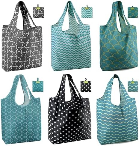 BeeGreen Geometry Reusable Shopping Bags Cute Grocery Bag 6 Pack, Christmas Gift Bags Heavy-Duty Foldable Shopping Totes for Supermarket, Work & Travel, Large Washable Polyester Tote Bag with Handles by BeeGreen