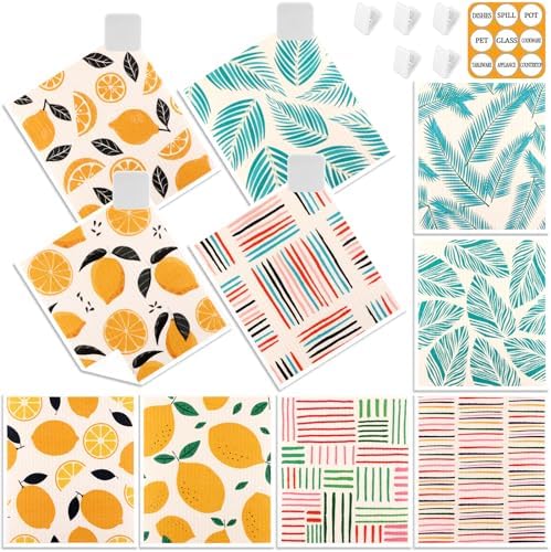 Lucomb 10 Pack Swedish Dishcloths Washable, Reusable Swedish Cloths Biodegradable Kitchen Towels with Hanging Clips, Cellulose Cotton Blend, Lemon Prints by Lucomb