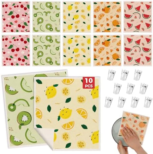 wlich 10 Pack Swedish Dishcloths, Reusable Kitchen Towels with Clips, Fruit by wlich
