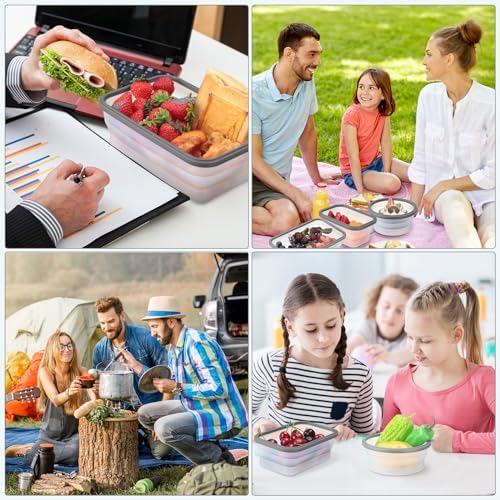Dandat 12 Silicone Collapsible Food Storage Containers Foldable Silicone Lunch Container 6 Rectangle and 6 Round Airtight Collapsible Bowl with Lid Set for Kitchen Microwave (Translucence Gray) - Image 5