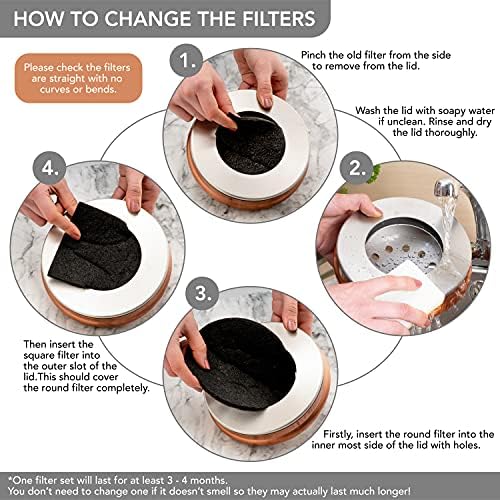 RED FACTOR Premium Compost Bin for Kitchen Countertop - Stainless Steel Food Waste Bucket with Innovative Dual Filter Technology - Includes Spare Filters (Matt Copper, 1.3 Gallon) - Image 6