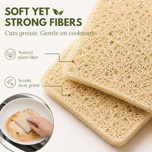 Natural Loofah Dish Sponge, 100 Count Plant-Based Kitchen Cleaning Pads, Biodegradable Compostable Scouring Pads for Dishes, Pots, Pans and Sink, 2.75 x 2.75 Inch - Image 3