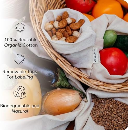 LEAFICO Organic Cotton Produce Bags - Medium 8x10 Inch (12 Bags) - Reusable Muslin Storage Bags with Drawstrings - Biodegradable Canvas Fabric - Perfect for Snacks, Clothes - Image 5