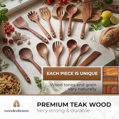 Wooden Spoons for Cooking 13 Pcs, Teak Wooden Utensil Set for Nonstick Pans - Image 2