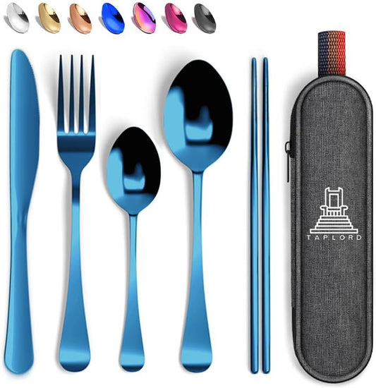 Taplord Portable Travel Silverware Set With Case, Includes 5 Pcs of Travel Utensils With Case, Stainless Steel Flatware Set For Camping, Easy to Travel, Lightweight (Blue) by Taplord