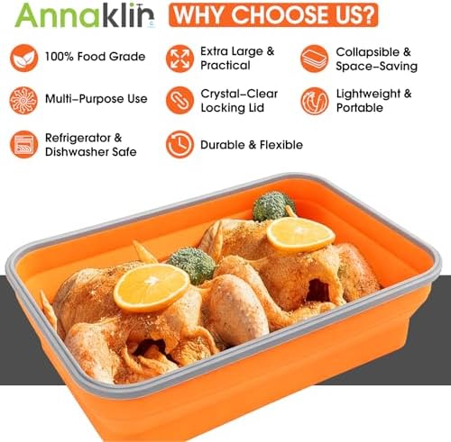Silicone Collapsible Marinating Container with Lid for Meat, 2.64Gal/10L, Extra Large Collapsible BBQ Prep Tub, Transparent Locking Lid, XL Grill Prep Trays and Carry System, BBQ Must-Have, Orange - Image 6