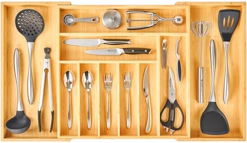 Umilife Extra Large Expandable Kitchen Siverware Utensils Drawer Organizer, 19" Deep for Big Drawer, Adjustable Bamboo Wood Drawer Divider with Curved Grooves, Cutlery Tray Flatware Holder by Umilife