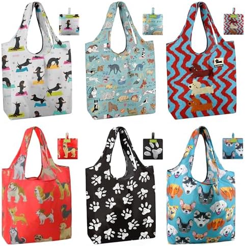 BeeGreen Dog Reusable Shopping Bags Cute Grocery Bag 6 Pack, Christmas Gift Bags Heavy-Duty Foldable Shopping Totes for Supermarket, Work & Travel, Large Washable Polyester Tote Bag with Handles by BeeGreen