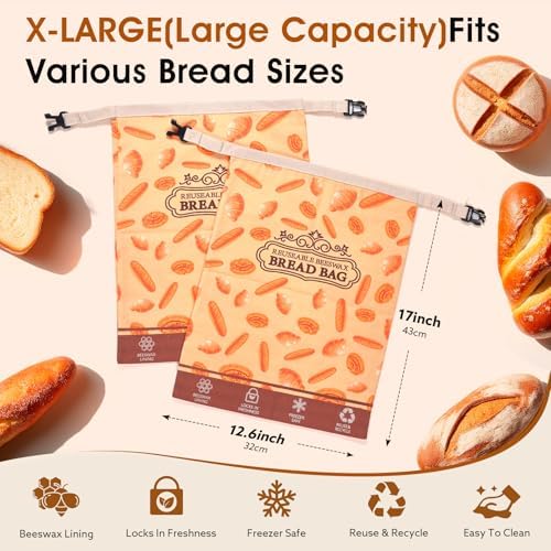 1 Pack Premium Beeswax Bread Bags for Sourdough Homemade Bread, XL Cotton Lining Sourdough Reusable Natural Beeswax Bread Storage Bag, Keep Fresh and Upgraded Large Capacity Portable-17 x 12.6 Inches - Image 3