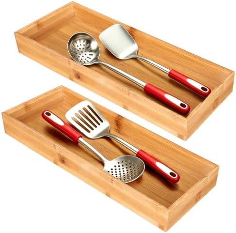 Bamboo Drawer Organizer Set of 2 for Kitchen Drawers, Large Stackable Drawer Organizer for Silverware, Utensils, Cutlery, Flatware, Junk Drawer, Dresser, Bathroom, 15" x 6" x 2" by Gtencemen