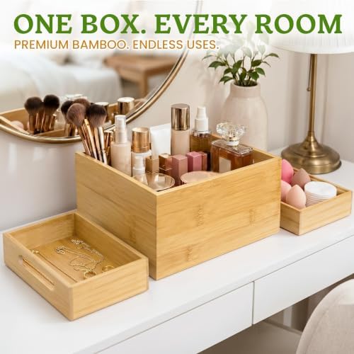 HOMESTEAD 3-Piece Stackable Bamboo Storage Box, Large Storage Bin, Wooden Boxes for Makeup Drawer Organizer Bathroom, Office Supplies, Kitchen Utensils, Bamboo Storage Containers - Image 2