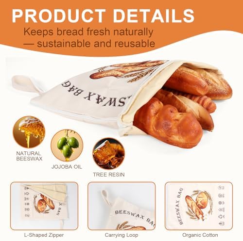2 Pack Reusable Beeswax Bread Bags for Sourdough, Cotton Bread Bag with Wide Zipper Opening & Handle, XL Bread Bags for Homemade Bread, Keeps Bread Fresh Longer - Image 5