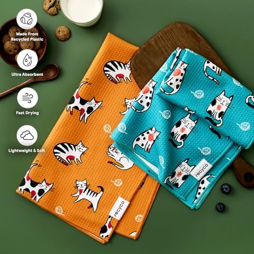 RECYCO Waffle Kitchen Towel Set of 2 - Quick Dry Microfiber Sustainable Dish Towels - Ultra Absorbent Reusable Cleaning Tea Towels - Lightweight Hand Towels,16”x 28”, Cuddly Cats - Image 3