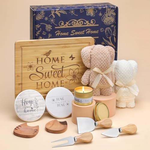 Housewarming Gifts for New Home, 10Pcs House Warming Gift Basket with Aroma Candle, Cutting Board, Cheese Knife, Condiment Dish, Coasters for Couples, Closing Gifts for Home Buyers by Grajar
