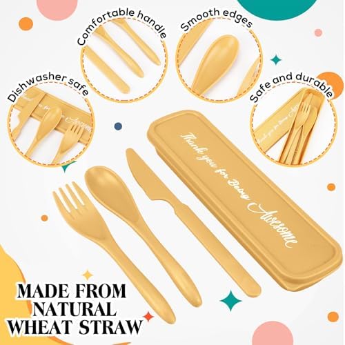24 Pack Reusable Travel Utensils Set Case Thank You for Being Awesome Appreciation Gifts Bulk for Employee Coworker Student Portable Lunch Utensils Wheat Straw Fork Spoon Knife for Picnic(Light Color) - Image 3