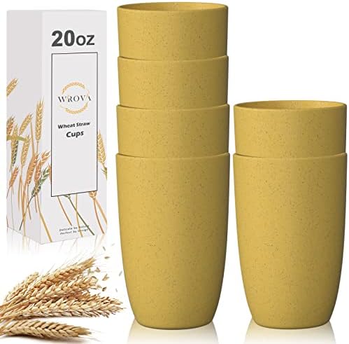 Wrova Wheat Straw Cups 6 PCS Good Alternative to Plastic Reusable Cups 20 oz Unbreakable Drinking Cup Reusable Dishwasher Safe Water Plastic Glasses Yellow Color by WROVA