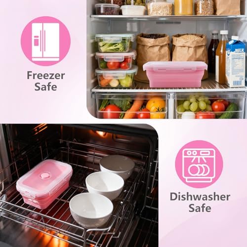 3 Pack Collapsible Silicone Food Storage Containers with Lids, Pink - Image 6