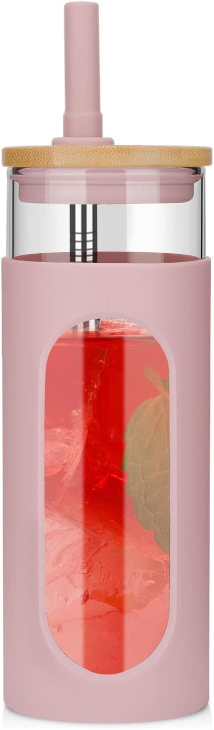 Tronco 22oz Glass Tumbler with Bamboo Lid and Straw, Reusable Iced Coffee Cup for Boba Tea, Smoothies & Cold Drinks, Spill-Proof Glass Cup with Silicone Sleeve, Dishwasher Safe, BPA-Free (Pack of 1)