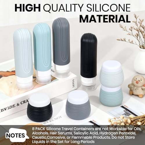 Travel Bottles for Toiletries 8 Pack, TSA Approved Travel Size Toiletries Containers Set, 4 Silicone Leak Proof Refillable Bottles and 4 Creams Jars Accessories Kit W/Clear Bag (GRAY) - Image 2
