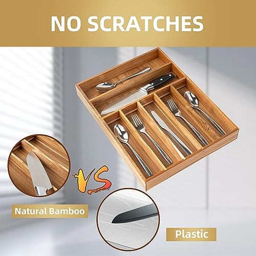 Besilord Silverware Organizer Kitchen Drawer Organizer Utensil Organizer Acacia Silverware Holder Cutlery Organizer in Drawer Flatware Organizer Tray(7 slots, Acacia - Image 4