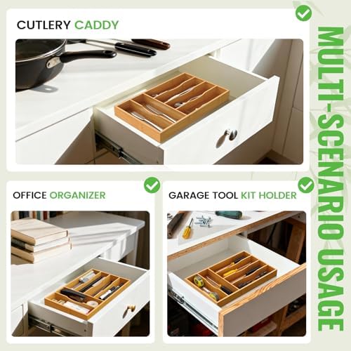 Bamboo Silverware Organizer, Bamboo Kitchen Drawer Cutlery Organizer, Utensil Holder, Flatware Organizer Tray (15.8"x9.5"x1.6") - Image 5
