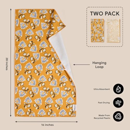 RECYCO Waffle Kitchen Towel Set of 2 - Quick Dry Microfiber Sustainable Dish Towels - Ultra Absorbent Reusable Cleaning Tea Towels - Lightweight Hand Towels,16”x 28”, Marigold Mosaic - Image 6