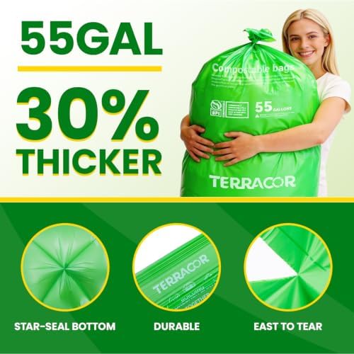 55-60 Gallon Compostable Trash Bags Liners, Heavy Duty Extra Thick 1.57 Mil, 208.2 Liter, 12 Bags, Lawn, Yard, and Restaurant Use, ASTM D6400, US BPI Certified - Image 3