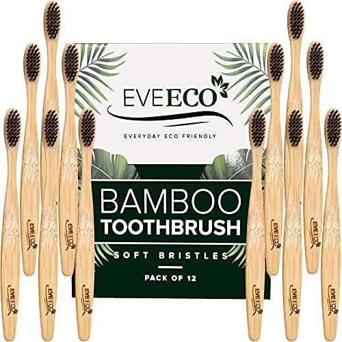12 Count I Bamboo Toothbrush I Soft Bristles Best for Sensitive Gums I Charcoal I Vegan I Natural Wood I BPA Fee I Recyclable I Compostable I Biodegradable | Environmentally Friendly by EveEco