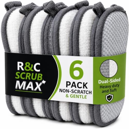 R&C Scrub Max Sponges Kitchen Dish Dual-Sided Sponge for Washing Dishes Cleaning Kitchen, All-Purpose (6 Pack,Large) Non Scratch, Rough Scrubbers Side for Non-Stick Cookware, Soft Microfiber Scrub by RCStoreEssentialsHome