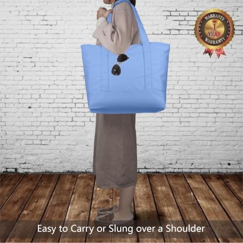 TOPDesign 1-Pack Canvas Tote Bag with an External Pocket, Reusable Grocery Shopping Bag, Top Zipper Closure, Daily Essentials (Light Blue) - Image 2