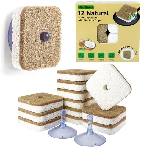 12Pack Kickleen Natural Kitchen Scrub Dish Sponges with Suction Hanger by KICKLEEN