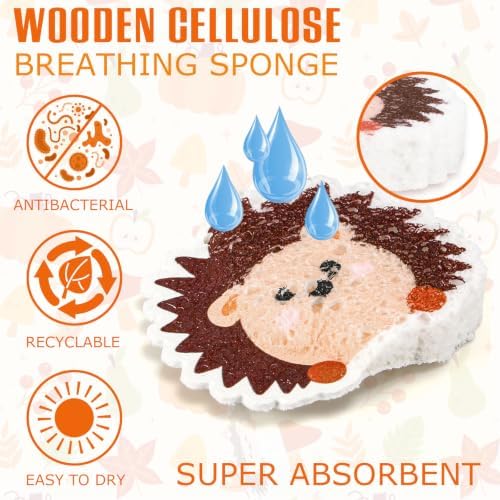 Whaline 8Pcs Fall Kitchen Sponges Pumpkin Maple Leaves Acorn Hedgehog Water Absorbing Dish Washing Sponge Non Scratch Cleaning Scrubbers for Autumn Thanksgiving Home Kitchen Decor - Image 3
