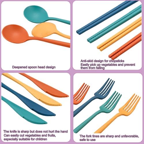 6 Pack Wheat Straw Cutlery, Portable Travel Utensils Spoon Fork Knife, Reusable Flatware Set with Case for Travel Office Lunch Camping Daily Use(6 Colors) - Image 3