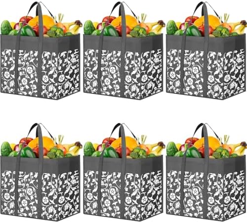 Reusable Grocery Bags Foldable Tote Bags bulk Shopping Bags 6-Pack, Grey by WOWBOX
