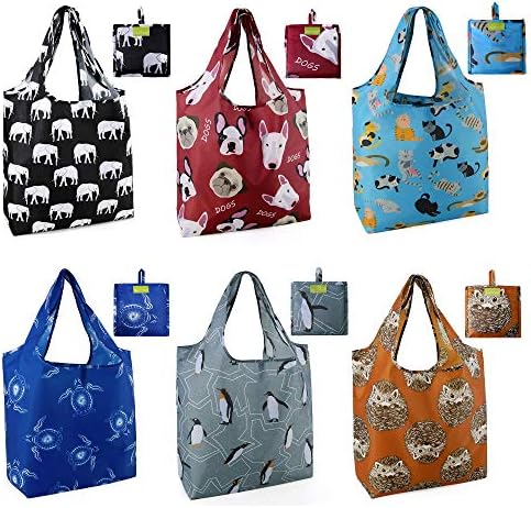 BeeGreen Heavy Duty Bulk Large Reusable Grocery Bags 6 Pack - Foldable Sturdy Recycled Cloth Animal Print Shopping Totes with Handles -Reusable Gifts Bags for Groceries, Travel, Storage & Women by BeeGreen