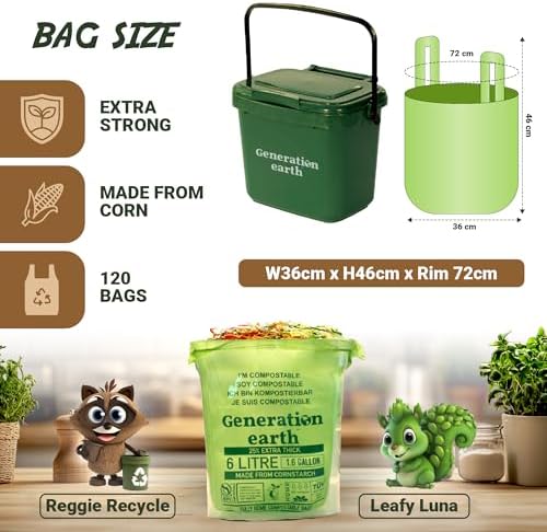 120 Bags 1.6 Gallon (6L) | Tie Handle Compostable Food Waste Bags | BPI Certified Kitchen Countertop Compost Bin Liners | Extra Strong Biodegradable Caddy Bags | Generation earth - Image 4