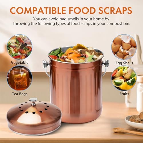 ENLOY Kitchen Countertop Compost Bin, 1.3 Gallon, Stainless Steel, Copper - Image 3