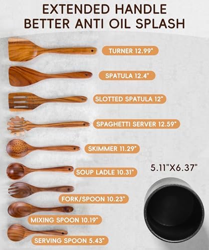 Wooden Cooking Utensils Set with Ceramic Holder,Teak Wood 10pcs Utensils - Image 4