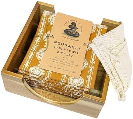 Reusable Paper Towels with Holder | Eco Friendly Kitchen Gift Set | 12 Towels Gold Ochre Organic Cotton, Sustainable Acacia Holder, Wash Bag | Vintage French Country Zero Waste Kit by Unknown